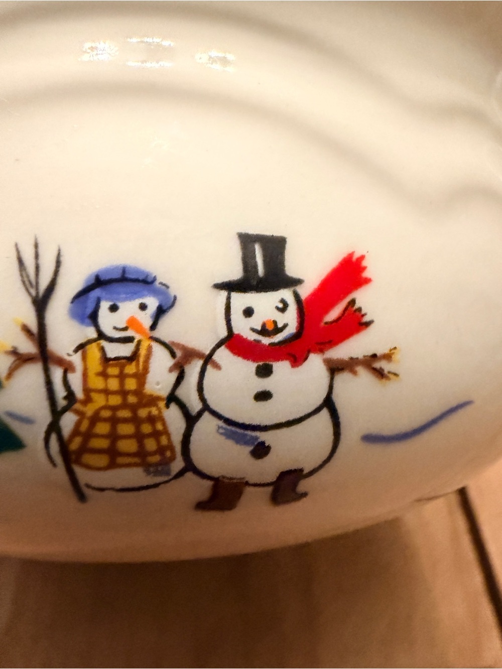 Pfaltzgraff Snow Village Cream Ceramic Holiday Snowman Bowl with Green Rim & Lid - Picture 4 of 16